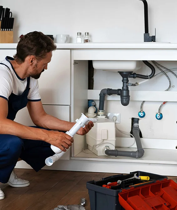Handyman working on plumbing under a sink, showcasing reliable residential plumbing services