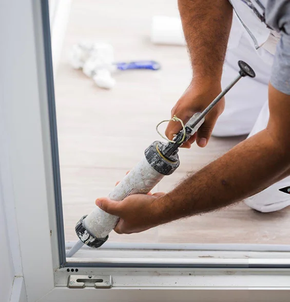 Handyman applying caulk to window frame for seamless handyman services